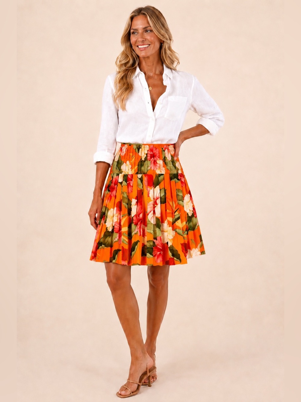 Tommy Bahama Birds of Paradise Floral Orange Pleated Silk Cotton Skirt Size 10